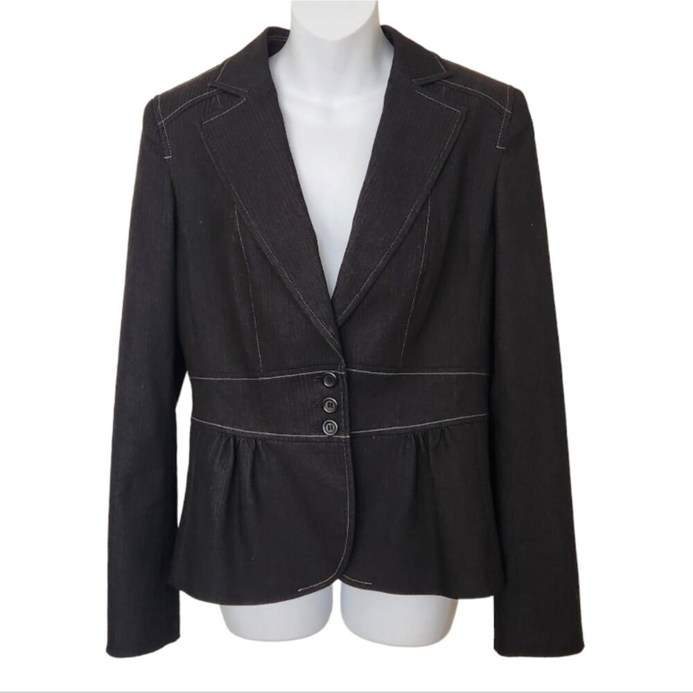 LOFT Ann Taylor Black Striped Blazer - White Contrast Stitch - Lace-Up Back - 10 - Picture 2 of 13